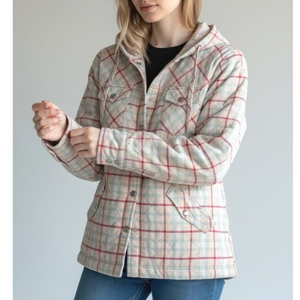 Plaid Hooded Quilted Shacket Jacket Size Medium Pearl Snaps Western Peach Pastel